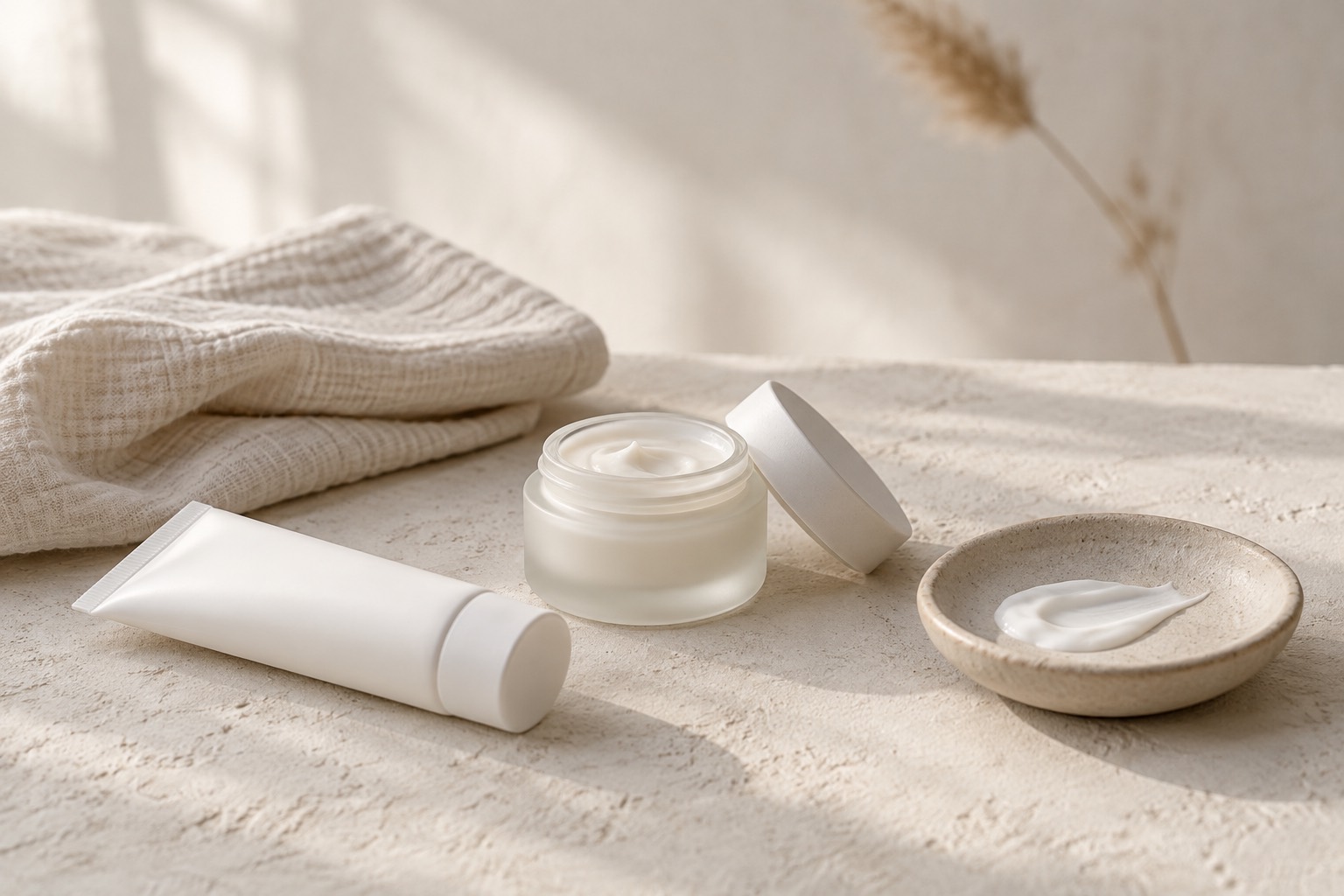 A folded cream cotton gauze cloth, an unlabelled white tube, a frosted glass jar of white cream with its lid resting beside it, and a small ceramic dish holding a little cream, on a pale textured surface in natural light