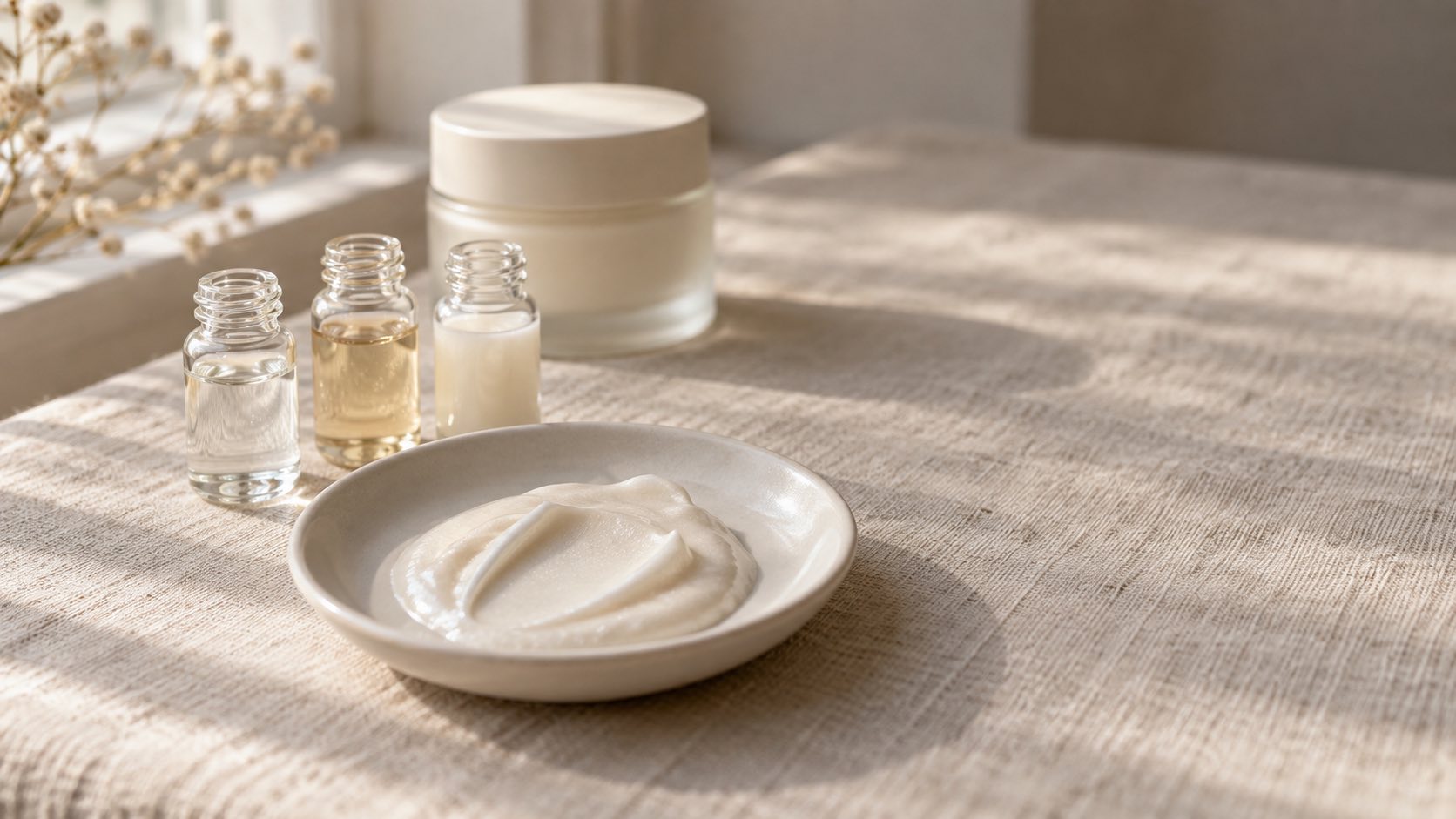 Cream in a white ceramic dish beside three unlabelled glass vials on natural-light linen, with a frosted glass jar behind them