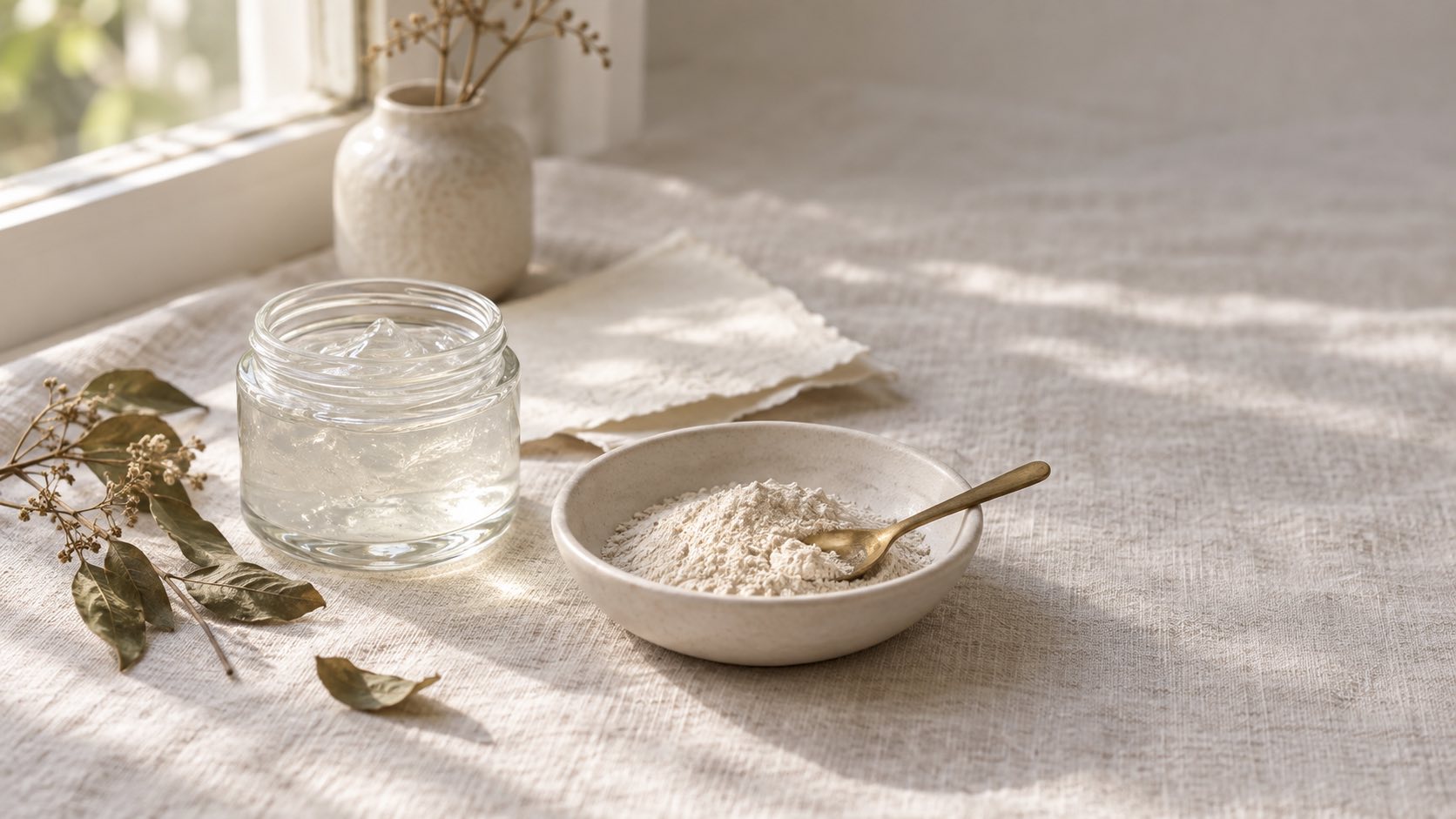 An unlabelled glass jar, a white ceramic dish of fine powder with a small brass spoon, and a few dried leaves on linen in natural light