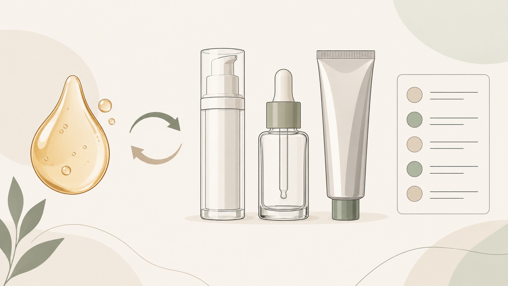 Concept illustration linking a drop of formulation to an airless pump, a dropper bottle and a tube with a two-way arrow, next to a card of check items
