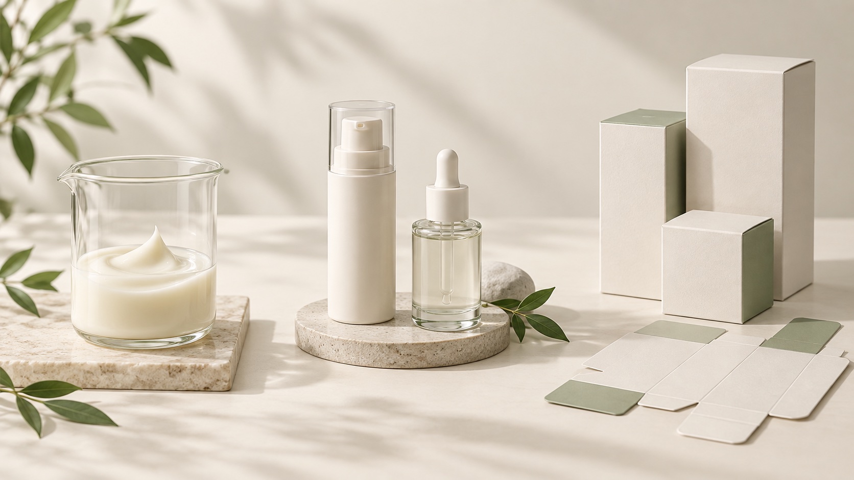 An editorial illustration separating cosmetic formulation, primary containers and outer cartons for MOQ planning