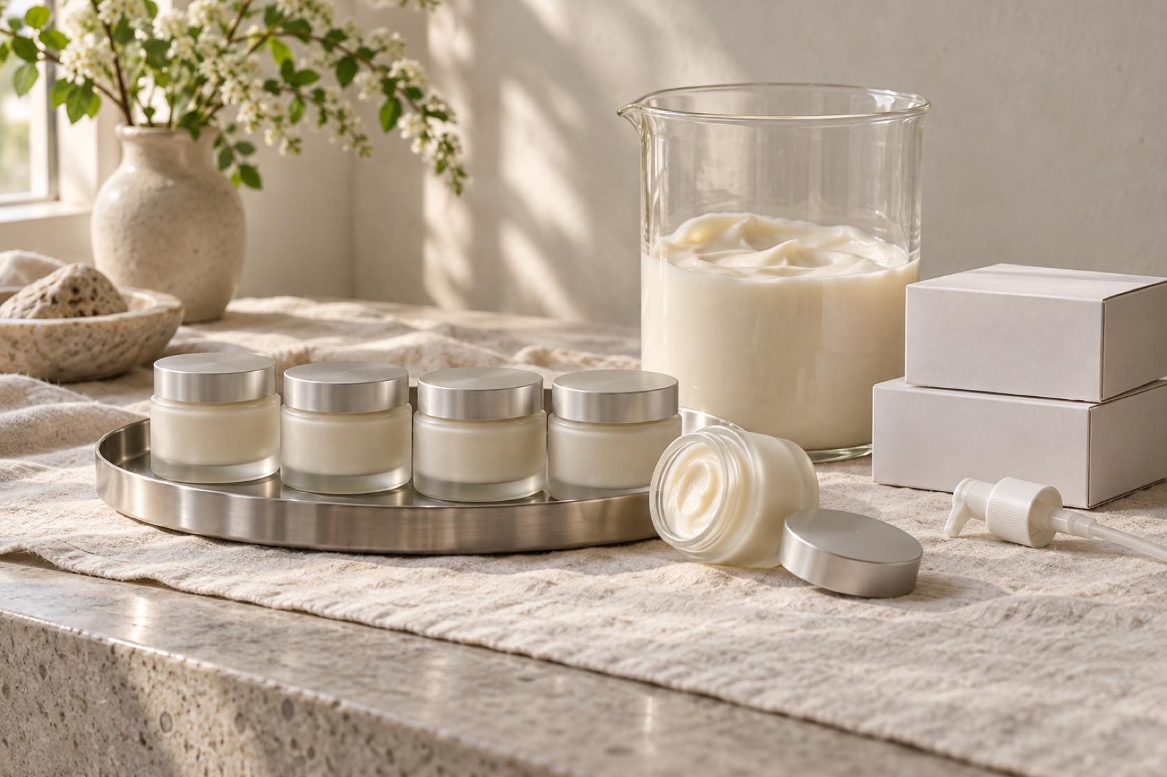 Several unlabeled cream jars on a metal tray beside a large beaker of bulk cream and unprinted cartons on linen