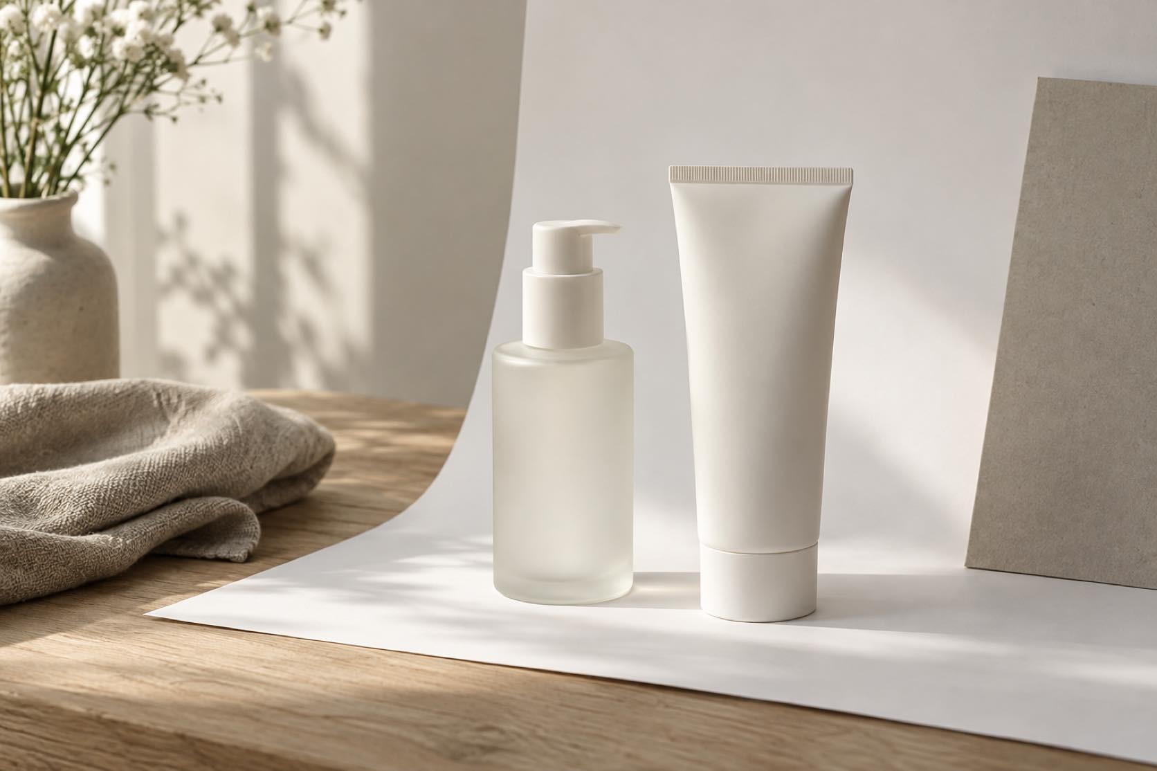 A simple product-photography setup in natural light: an unlabelled frosted glass pump bottle and a white cosmetic tube standing side by side on a sheet of white backdrop paper laid over a wooden table, with a grey board and folded linen beside them