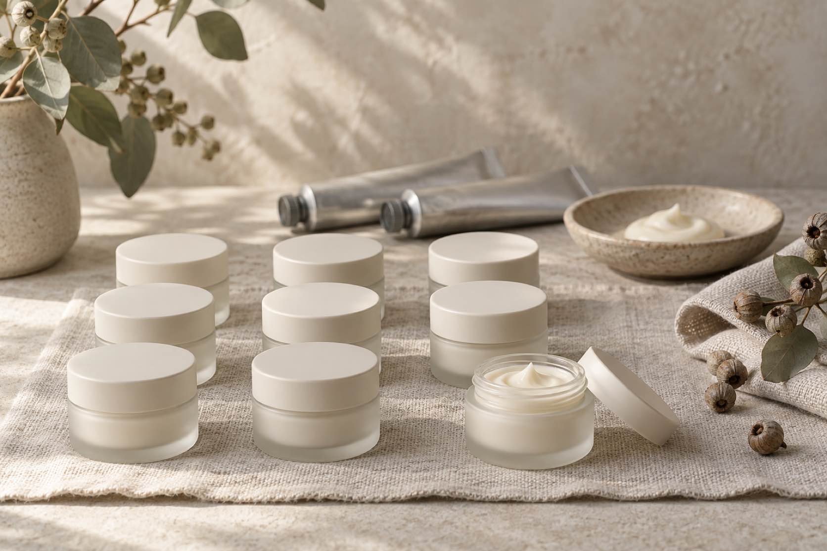 Rows of unlabelled frosted glass cream jars on a linen runner with one jar open, two aluminium tubes and a small ceramic dish of cream behind them