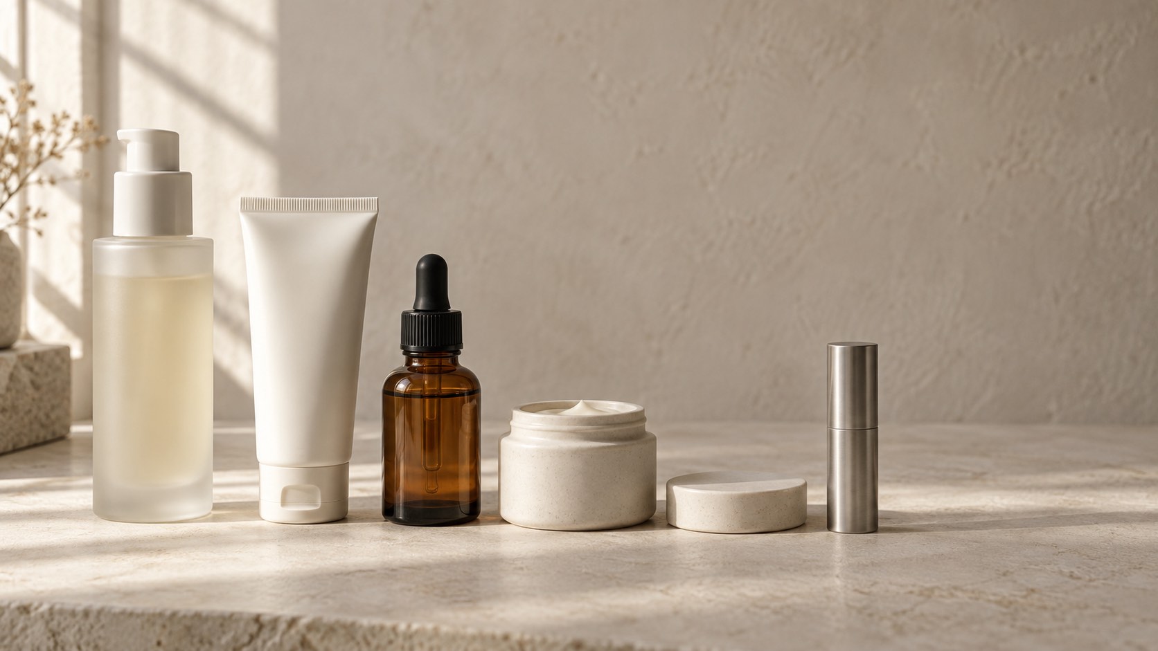 Five unlabelled finished cosmetic containers lined up on a limestone table against a pale plaster wall: a frosted glass pump bottle, a matte white tube, an amber glass dropper bottle, an ivory ceramic jar with its lid resting beside it, and a slim aluminium stick