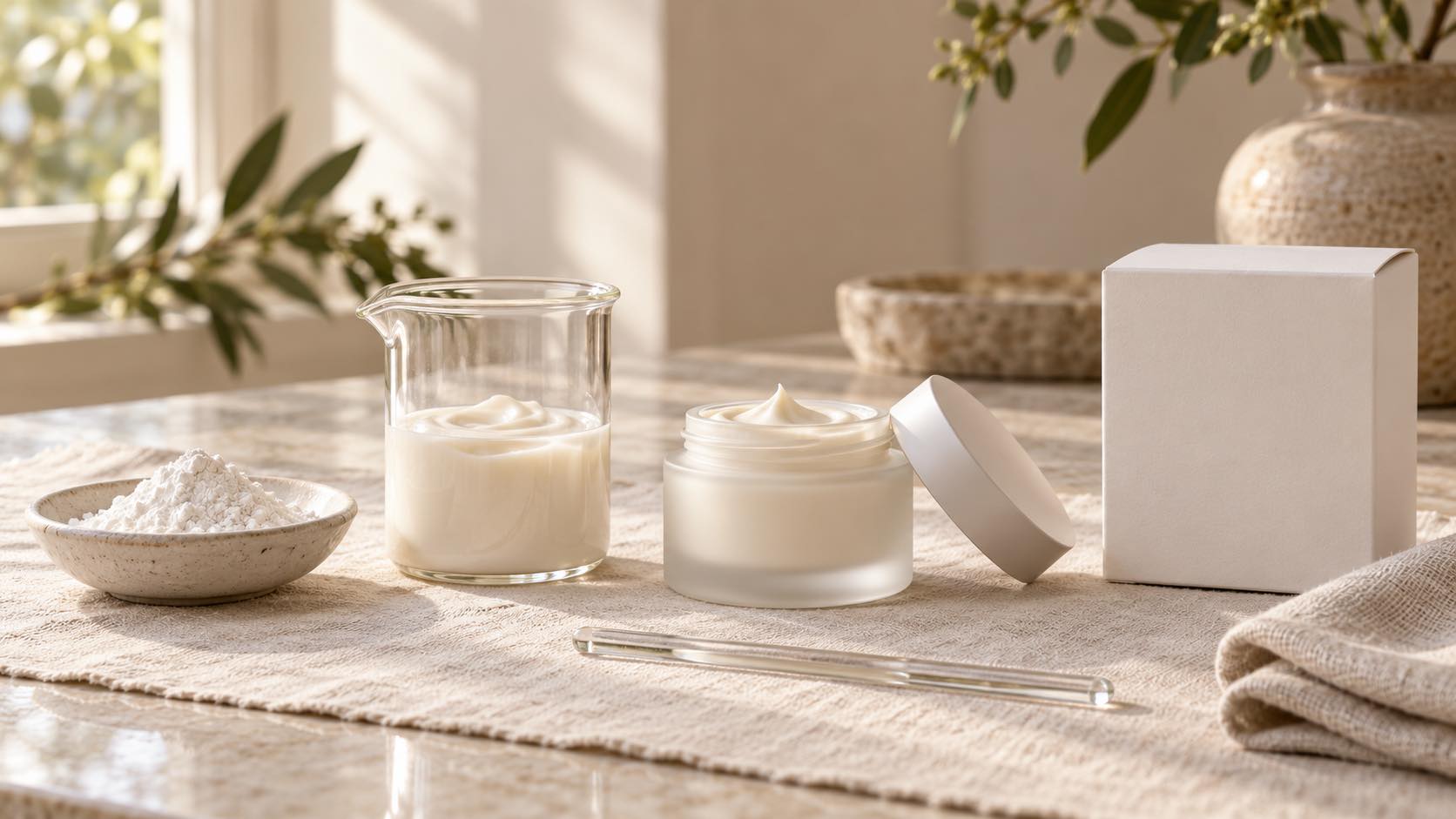 A ceramic dish of white powder, a glass beaker of ivory cream, an unlabeled frosted glass jar filled with cream beside its lid, and a plain unprinted white carton arranged left to right on a linen runner