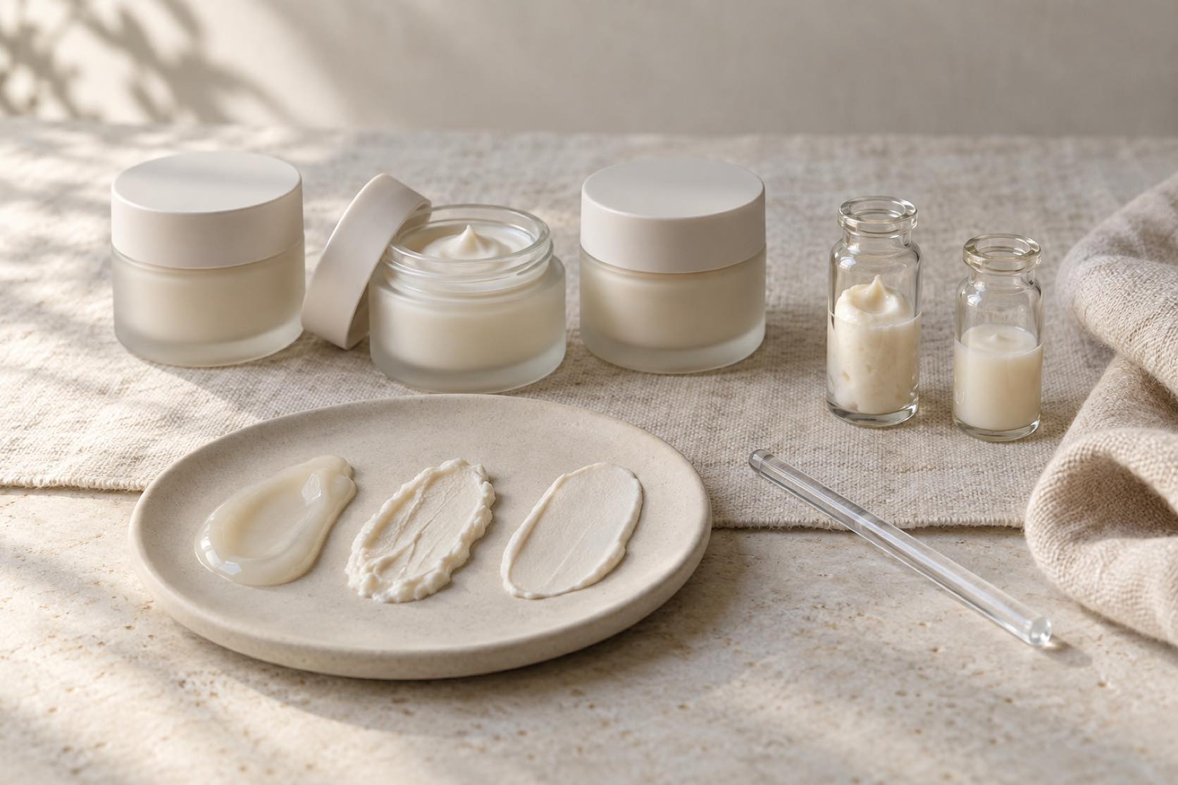 Three unlabeled frosted glass sample jars and two clear vials beside a ceramic plate holding three cream swatches of different texture, with a glass stirring rod