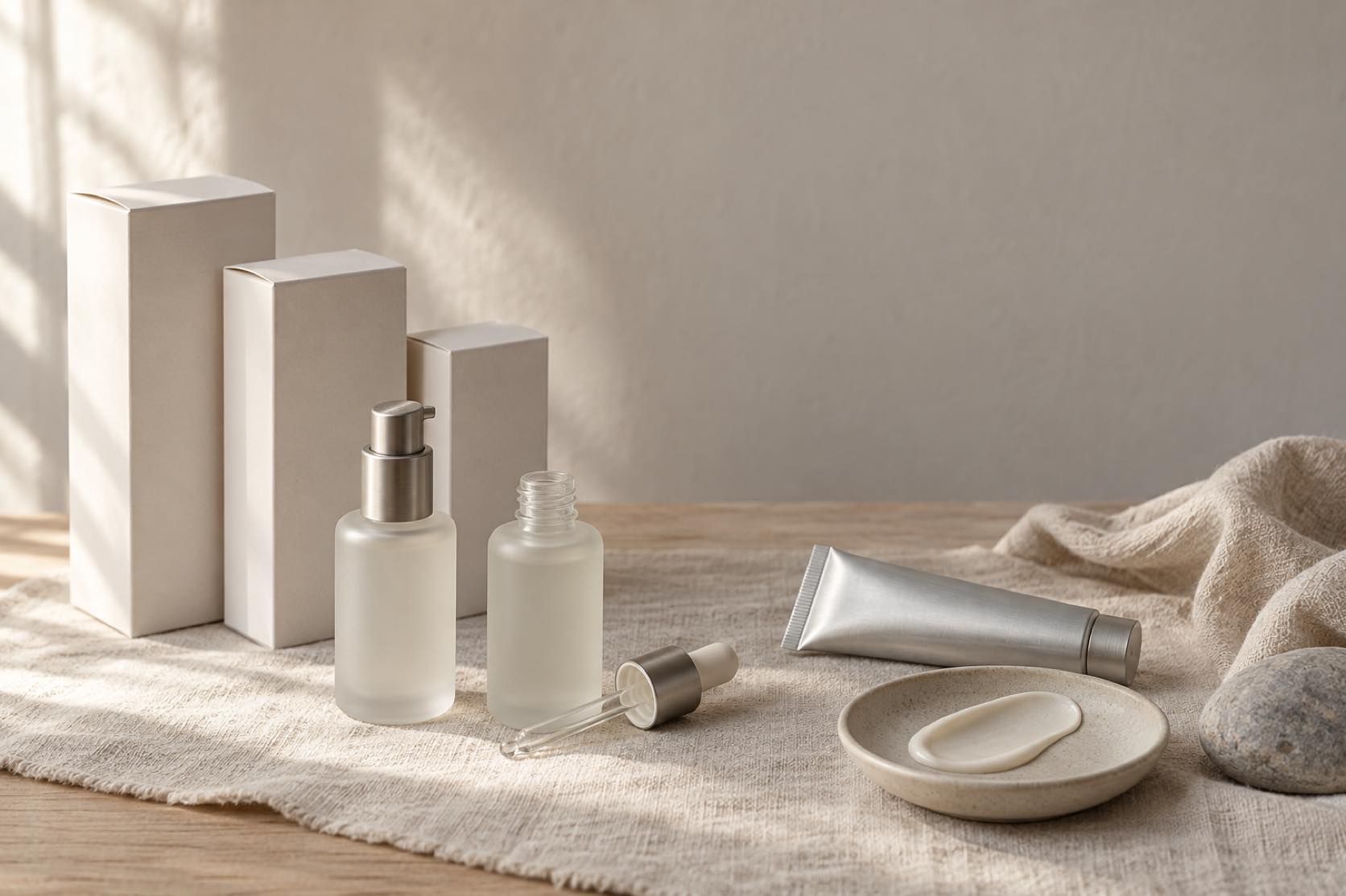 Three blank unprinted white folding cartons beside two unlabeled frosted glass bottles, one with a pump and one with a dropper cap, an unprinted aluminium tube and a ceramic dish holding a smear of cream