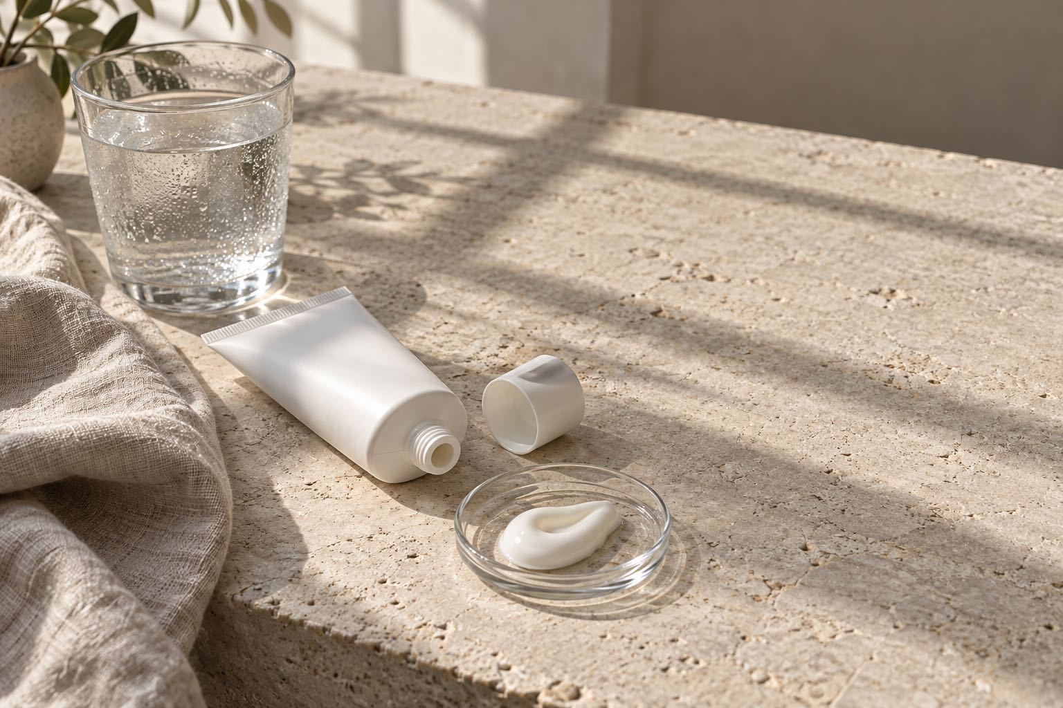 On a sunlit beige stone countertop sit an unlabelled white tube with its cap beside it, a glass dish holding cream, a water glass beaded with condensation, and folded linen cloth, with window-frame shadows falling across the surface
